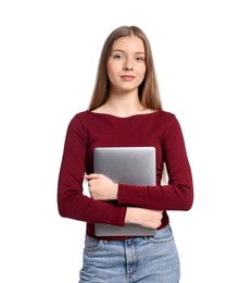 Photo of Teenage girl with laptop on white background