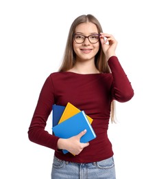 Photo of Teenage girl with books on white background