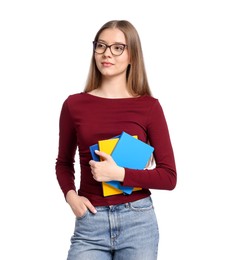 Photo of Teenage girl with books on white background