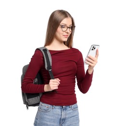 Photo of Teenage girl with backpack and smartphone on white background