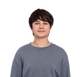 Photo of Portrait of teenage boy on white background