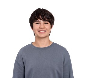 Photo of Portrait of teenage boy on white background
