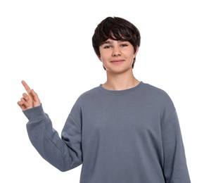 Photo of Portrait of teenage boy on white background