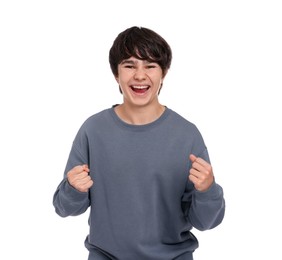 Photo of Portrait of teenage boy on white background