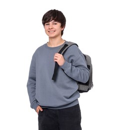 Photo of Portrait of teenage boy with backpack on white background