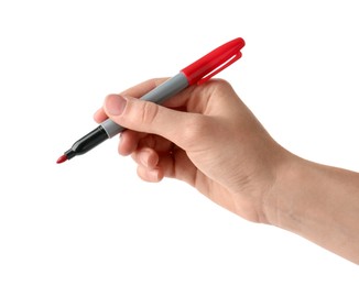 Photo of Woman with red marker on white background, closeup