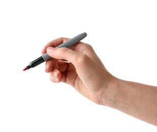 Photo of Woman with red marker on white background, closeup