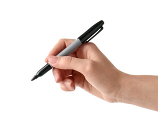 Photo of Woman with black marker on white background, closeup