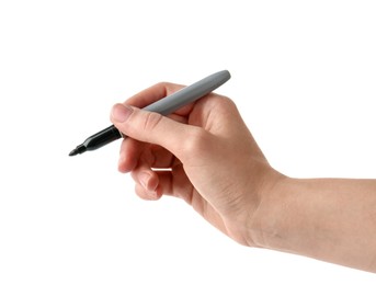 Photo of Woman with black marker on white background, closeup