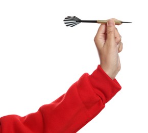 Photo of Targeting. Woman with dart on white background, closeup