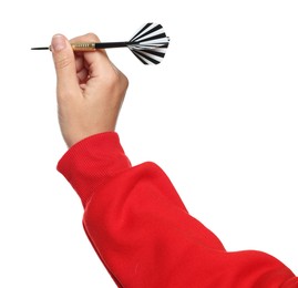 Photo of Targeting. Woman with dart on white background, closeup