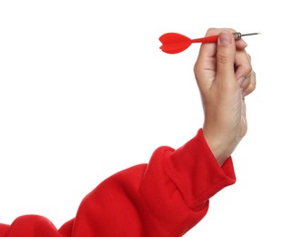 Photo of Targeting. Woman with dart on white background, closeup