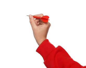 Photo of Targeting. Woman with dart on white background, closeup
