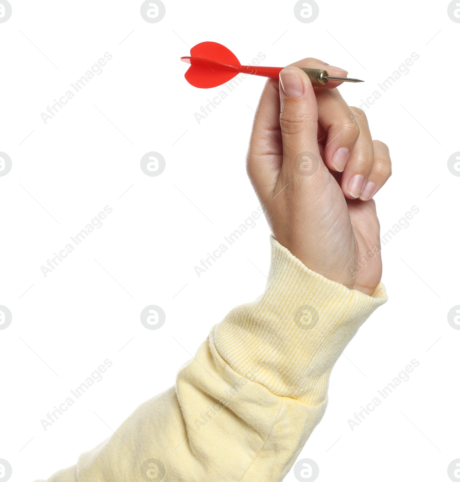 Targeting. Woman with dart on white background, closeup Photo of Targeting. Woman with dart on white background, closeup