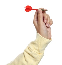 Photo of Targeting. Woman with dart on white background, closeup