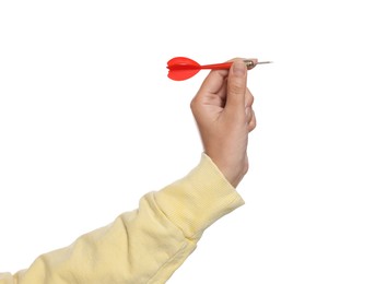 Photo of Targeting. Woman with dart on white background, closeup