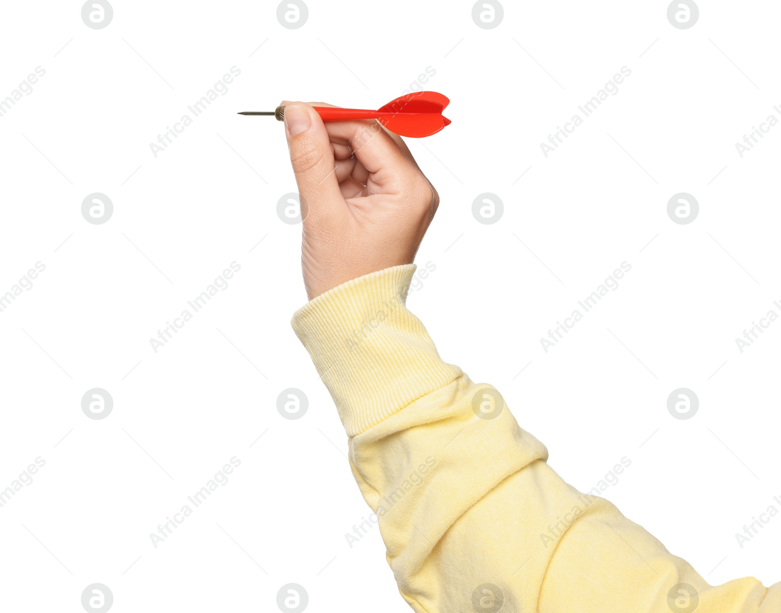 Targeting. Woman with dart on white background, closeup Photo of Targeting. Woman with dart on white background, closeup