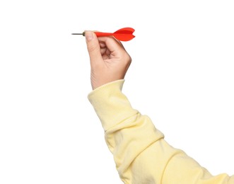 Photo of Targeting. Woman with dart on white background, closeup