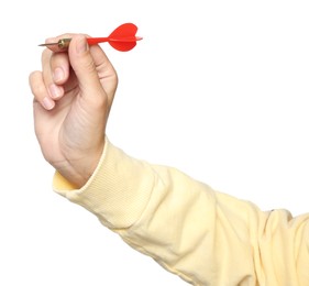 Photo of Targeting. Woman with dart on white background, closeup
