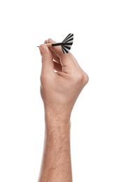 Photo of Targeting. Man with dart on white background, closeup
