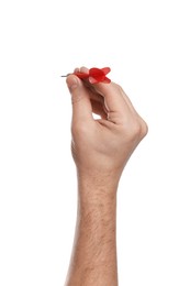 Photo of Targeting. Man with dart on white background, closeup