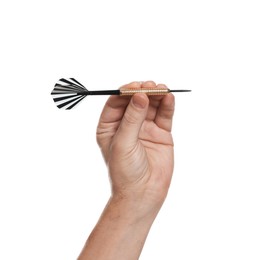 Photo of Targeting. Man with dart on white background, closeup