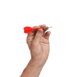 Photo of Targeting. Man with dart on white background, closeup