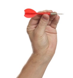 Photo of Targeting. Man with dart on white background, closeup