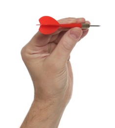 Photo of Targeting. Man with dart on white background, closeup