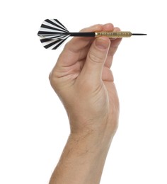 Photo of Targeting. Man with dart on white background, closeup
