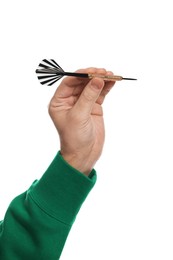Photo of Targeting. Man with dart on white background, closeup