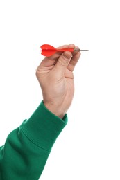 Photo of Targeting. Man with dart on white background, closeup