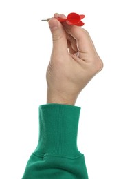Photo of Targeting. Man with dart on white background, closeup