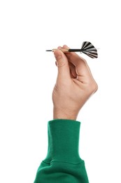 Photo of Targeting. Man with dart on white background, closeup