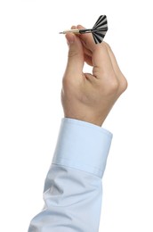 Photo of Targeting. Man with dart on white background, closeup
