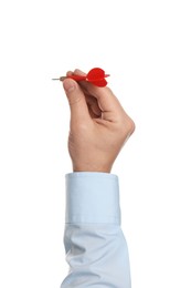 Photo of Targeting. Man with dart on white background, closeup
