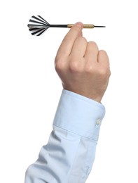 Photo of Targeting. Man with dart on white background, closeup