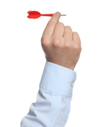Photo of Targeting. Man with dart on white background, closeup