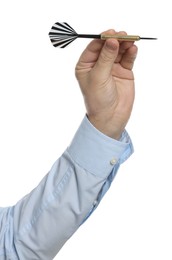 Photo of Targeting. Man with dart on white background, closeup