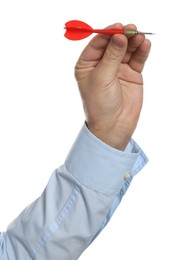 Photo of Targeting. Man with dart on white background, closeup