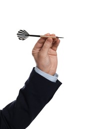Photo of Targeting. Man with dart on white background, closeup