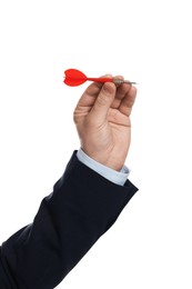 Photo of Targeting. Man with dart on white background, closeup