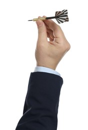 Photo of Targeting. Man with dart on white background, closeup