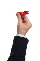 Photo of Targeting. Man with dart on white background, closeup