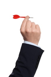 Photo of Targeting. Man with dart on white background, closeup