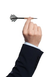 Photo of Targeting. Man with dart on white background, closeup
