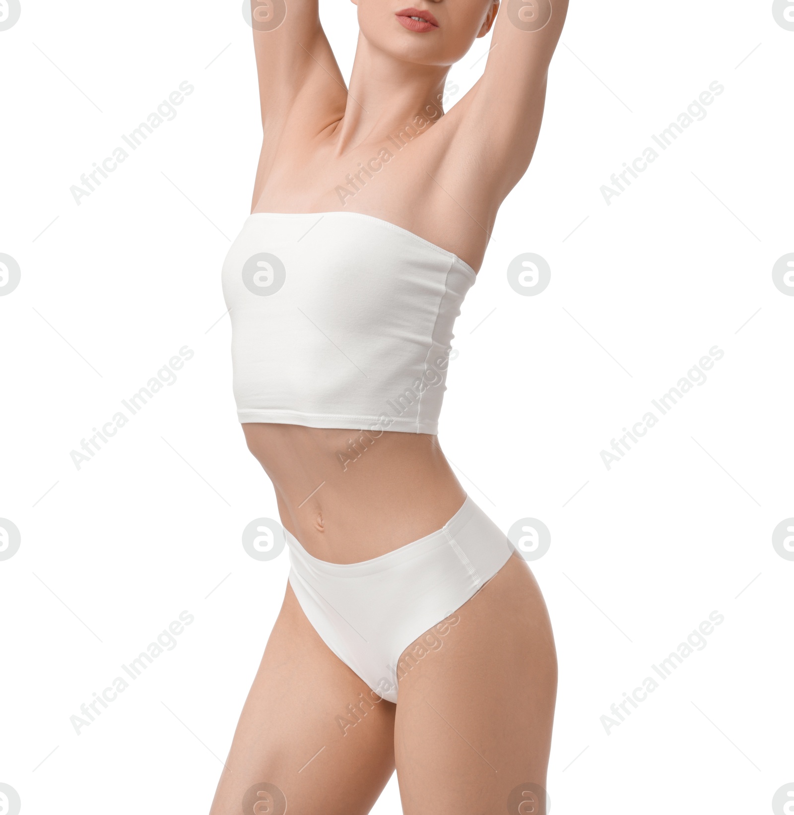 Woman with perfect slim body on white background, closeup Photo of Woman with perfect slim body on white background, closeup