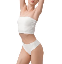 Photo of Woman with perfect slim body on white background, closeup