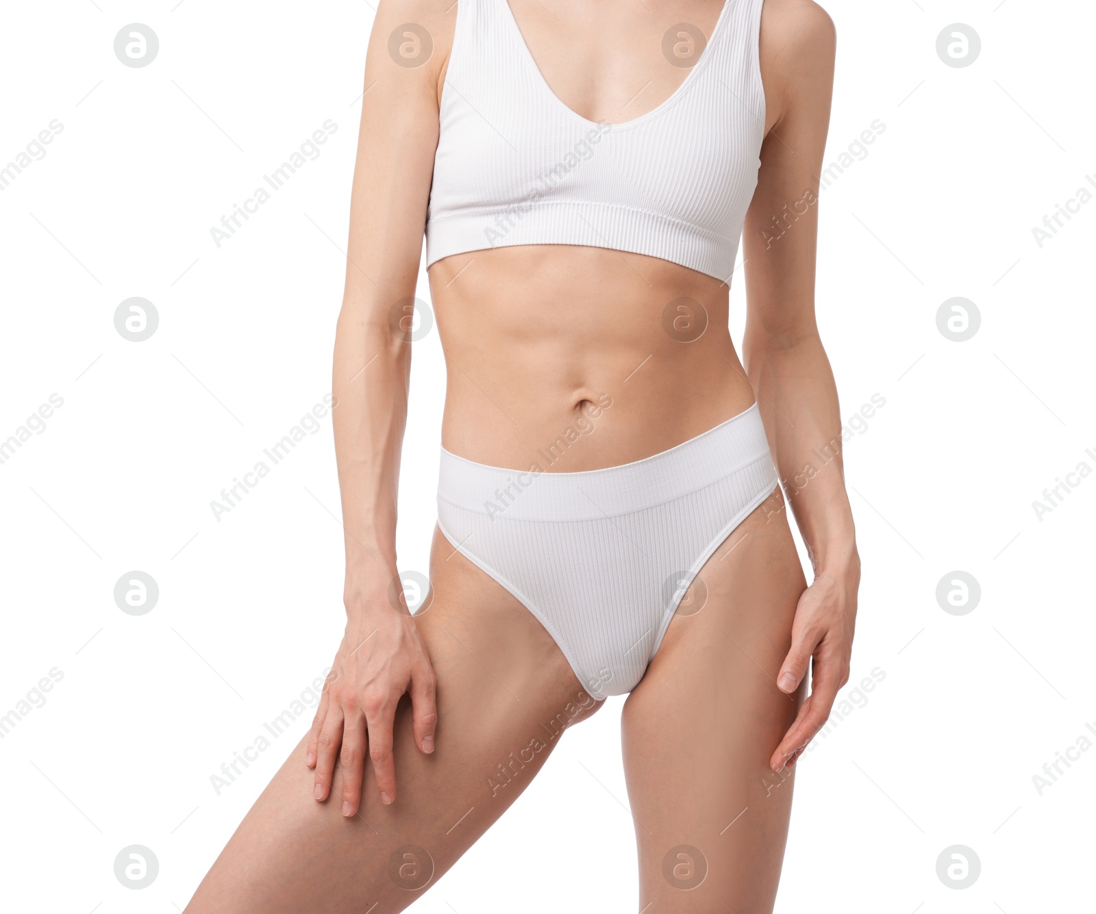 Woman with perfect slim body on white background, closeup Photo of Woman with perfect slim body on white background, closeup