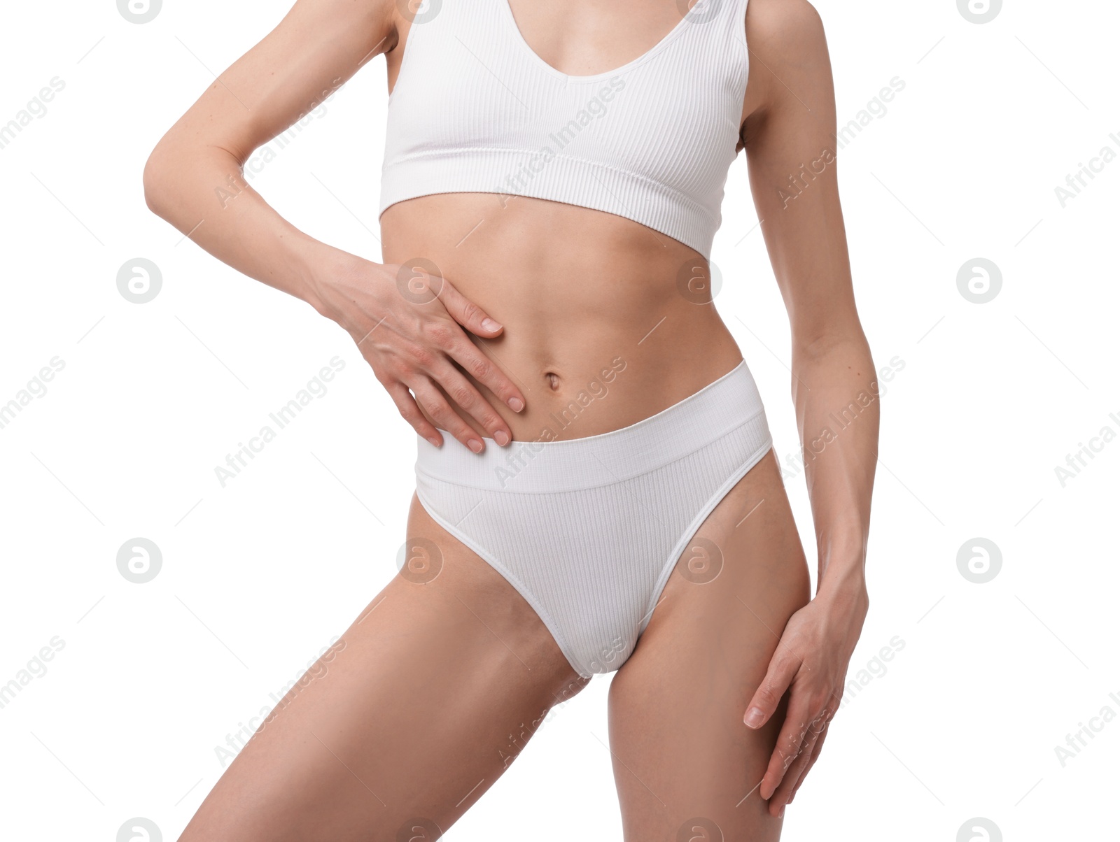 Woman with perfect slim body on white background, closeup Photo of Woman with perfect slim body on white background, closeup